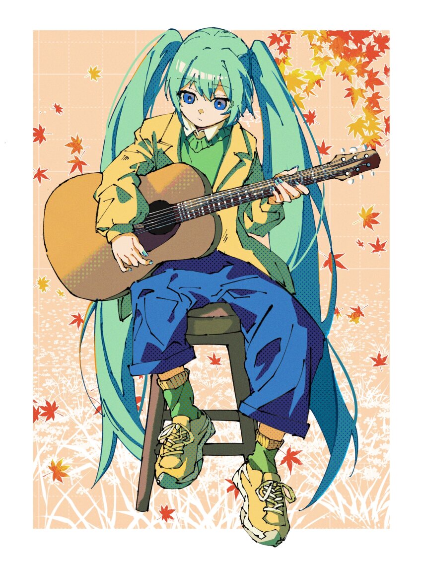 1girl absurdres acoustic_guitar aqua_eyes aqua_hair autumn_leaves blue_eyes blue_hair blue_nails blue_pants brown_jacket closed_mouth collared_shirt falling_leaves green_socks green_sweater guitar hair_between_eyes halftone hatsune_miku highres instrument jacket leaf long_hair looking_at_object on_stool open_clothes open_jacket pants shirt shoes sneakers socks solo susamishiu sweater twintails very_long_hair vocaloid yellow_footwear