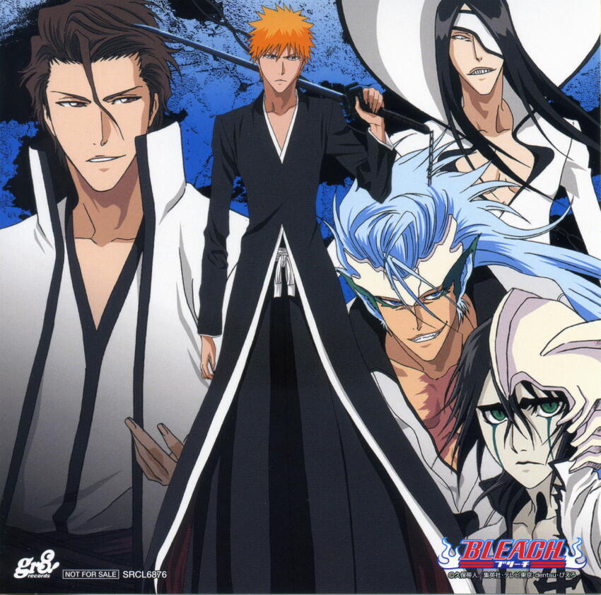 5boys absurdres aizen_sousuke arrancar black_hair bleach blue_background blue_hair brown_hair character_name colored_skin crazy_smile espada expressionless facial_mark green_eyes grimmjow_jaegerjaquez grin hair_between_eyes helmet highres holding holding_sword holding_weapon kurosaki_ichigo looking_at_viewer looking_back manly multiple_boys nnoitra_gilga number_tattoo official_art open_clothes orange_hair pectorals resurreccion scan sheath sheathed skull smile sword tattoo title ulquiorra_cifer weapon white_skin zanpakutou