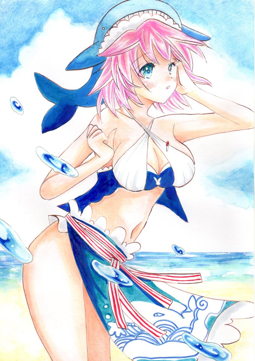 1girl animal_print apron beach bikini blue_apron blue_bikini blue_eyes blue_hat blue_sky blush breasts cleavage cloud cloudy_sky collarbone commentary fish_print hat highres large_breasts leaning_forward navel ocean okunoda_miyoi parted_lips pink_hair sky solo stomach swimsuit touhou traditional_media whale_hat whale_print white_bikini yukiichigo_momo