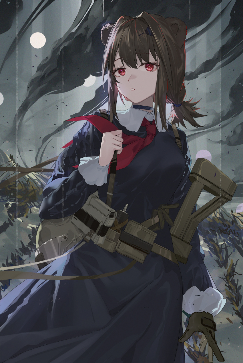 1girl absinthe_(arknights) absinthe_(noon_twilight)_(arknights) absurdres animal_ears arknights arm_at_side bear_ears bear_girl black_gloves blue_dress brown_hair cloud commentary commentary_typo dress gloves grey_sky gun highres hongbaise_raw long_sleeves looking_at_viewer neckerchief outdoors parted_lips pouch red_eyes red_neckerchief rifle short_ponytail sidelocks single_glove sky solo weapon