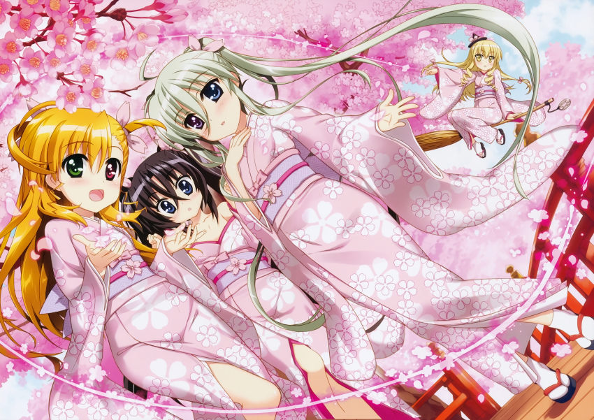 10s 4girls absurdres blonde_hair crossed_bangs day einhard_stratos fabia_crozelg floral_print fujima_takuya heterochromia highres huge_filesize japanese_clothes kimono long_hair lyrical_nanoha mahou_shoujo_lyrical_nanoha_vivid multiple_girls official_art outdoors pink_theme sieglinde_eremiah standing tabi very_long_hair vivio