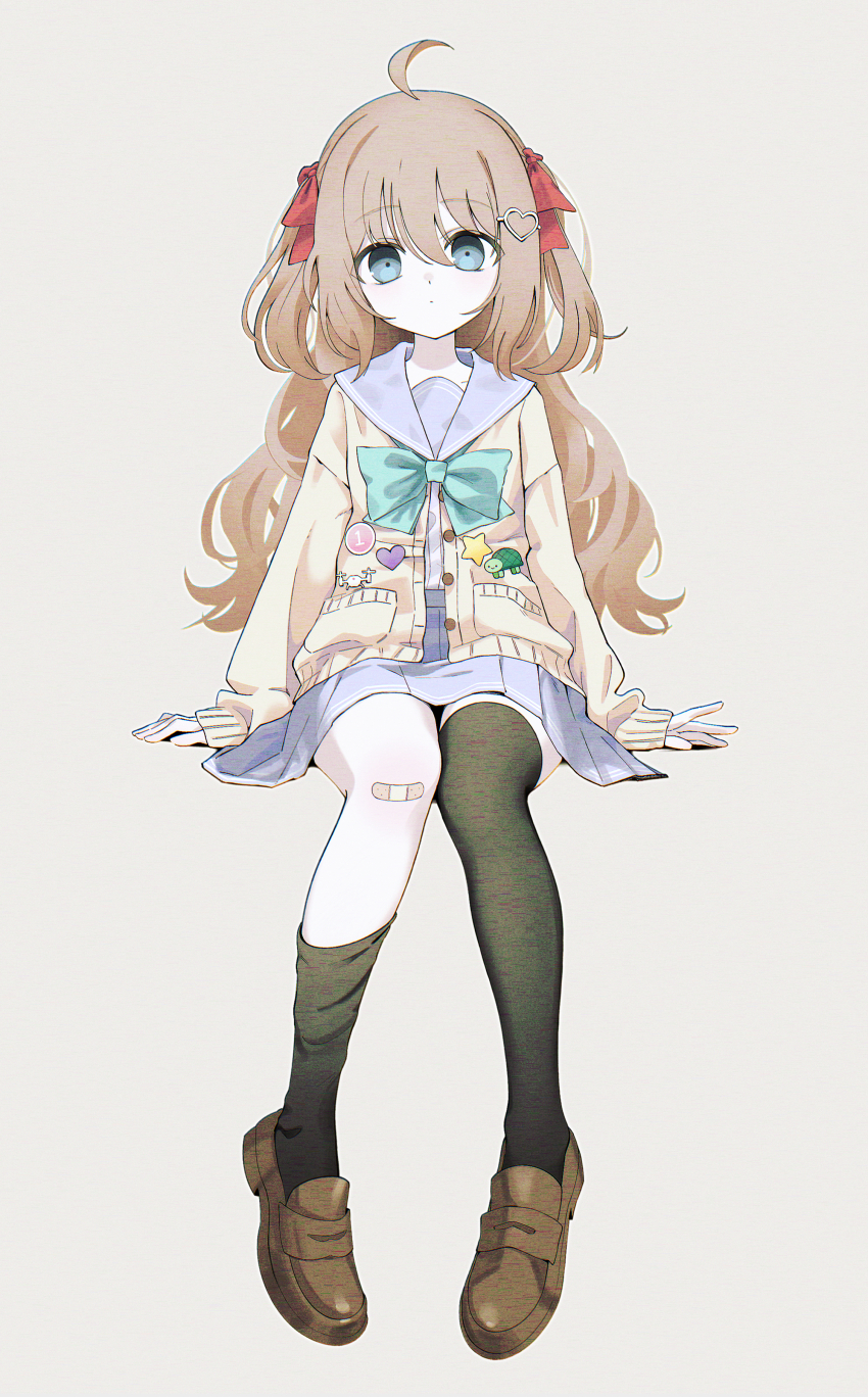 1girl absurdres ahoge asymmetrical_legwear bandaid bandaid_on_knee bandaid_on_leg black_socks black_thighhighs blue_eyes blue_sailor_collar blue_skirt bow bowtie brown_footwear brown_hair buttons cardigan closed_mouth commentary dot_mouth dress_shirt english_commentary full_body green_bow green_bowtie hair_between_eyes hair_ornament hair_ribbon hand_rest happa_de_happy heart heart_button heart_hair_ornament highres indie_virtual_youtuber invisible_chair loafers long_hair long_sleeves looking_at_viewer neuro-sama pleated_shirt red_ribbon ribbon sailor_collar shirt shirt_tucked_in shoes simple_background single_sock single_thighhigh sitting skirt socks solo star_button straight-on thighhighs uneven_legwear virtual_youtuber white_background white_shirt yellow_cardigan