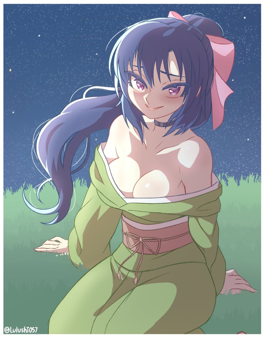 1girl absurdres bare_shoulders blue_hair bow breasts choker cleavage closed_mouth collarbone commentary english_commentary grass green_kimono hair_bow highres japanese_clothes kimono large_breasts long_hair looking_at_viewer lulushi057 night noihara_himari off_shoulder omamori_himari pink_bow purple_eyes sitting smile solo twitter_username