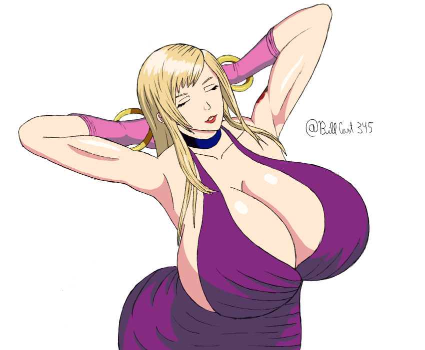 1girl absurdres arm_tattoo armpits arms_behind_head artist_name blonde_hair breasts cleavage closed_eyes dress fatal_fury garou:_mark_of_the_wolves highres huge_breasts jenet_behrn long_hair makeup no_bra parted_lips red_lips seductive_smile sideboob smile snk tattoo the_king_of_fighters