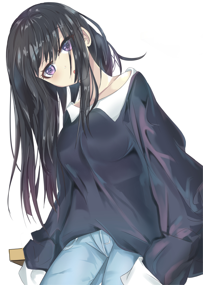 1girl absurdres bang_dream! black_hair black_shirt breasts collarbone collared_shirt commentary denim eyes_visible_through_hair highres jeans large_breasts leaning_forward long_hair long_sleeves looking_at_viewer open_mouth pants parted_lips patpang purple_eyes shirokane_rinko shirt simple_background sleeves_past_wrists solo standing white_background