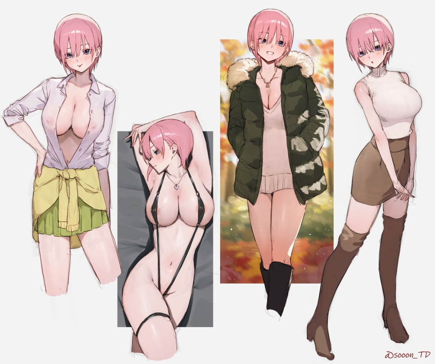 1girl absurdres areola_slip armpits arms_up autumn autumn_leaves bare_shoulders blue_eyes blurry blurry_background blush boots breasts cardigan cardigan_around_waist cleavage clothes_around_waist collarbone covered_erect_nipples dress dress_shirt earrings go-toubun_no_hanayome grin groin highres jacket jewelry large_breasts leaf looking_at_viewer nakano_ichika navel necklace open_clothes pencil_skirt pink_hair school_uniform see-through_clothes see-through_shirt shirt short_hair skirt sleeveless sleeveless_sweater slingshot_swimsuit smile solo sooon stomach stud_earrings sweater sweater_dress swimsuit thigh_boots thighs tongue tongue_out