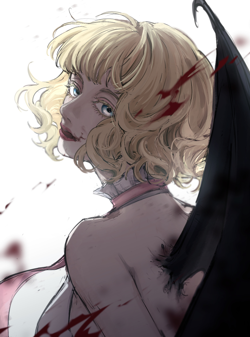 1girl bat_wings black_wings blonde_hair blood blood_in_hair blue_eyes blunt_bangs commentary_request highres lips lipstick looking_at_viewer makeup one_piece short_hair sleeveless solo stussy_(one_piece) tongue tongue_out wings yl_notsad