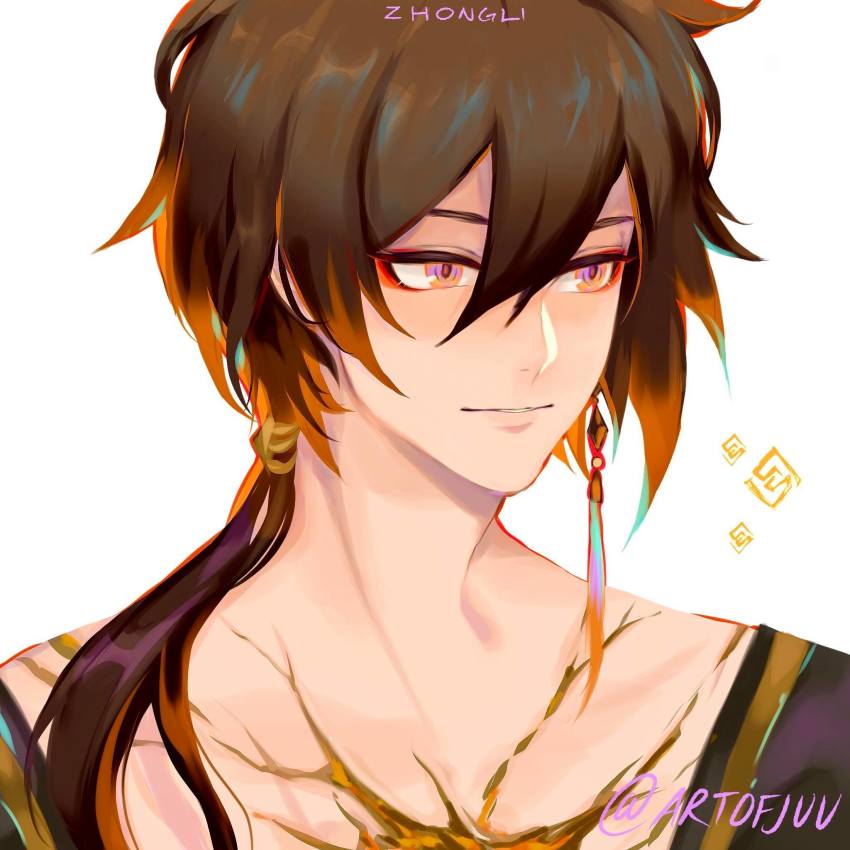 10juu 1boy black_hair brown_hair close-up closed_mouth crack earrings english_text genshin_impact gold hair_between_eyes highres jewelry kintsugi long_hair male_focus multicolored_hair ponytail simple_background single_earring smile solo yellow_eyes zhongli_(genshin_impact)