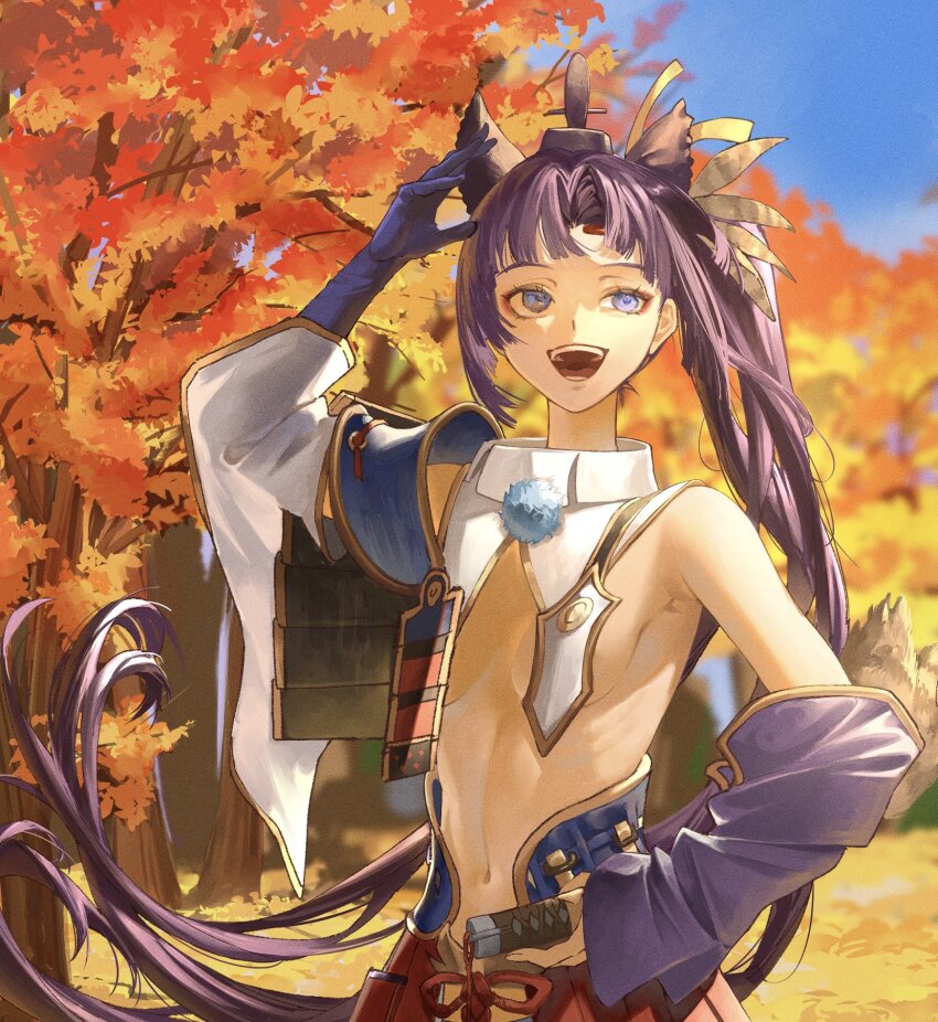 1girl arm_at_side arm_up armor asymmetrical_sleeves autumn_leaves blue_eyes blue_sky blunt_bangs blurry breast_curtains breasts commentary depth_of_field detached_sleeves facing_viewer fate/grand_order fate_(series) feather_hair_ornament feathers gold_trim hair_ornament hat highres holding holding_sword holding_weapon japanese_armor kusazuri linea_alba long_hair looking_to_the_side mismatched_sleeves navel open_mouth outdoors parted_bangs purple_hair purple_sleeves revealing_clothes revision sheath sheathed shoulder_armor side_ponytail single_bare_shoulder single_sode sky small_breasts sode solo sword tate_eboshi teeth tree upper_body ushiwakamaru_(fate) weapon white_sleeves zuraa_(naunau_seijin)