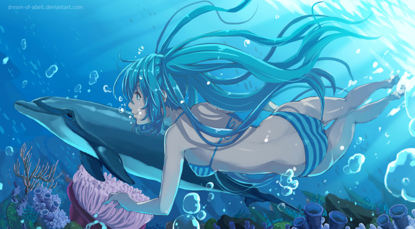 1girl air_bubble ass barefoot bikini blue_eyes blue_hair breath bubble coral diving dolphin dream_of_abell female_focus freediving hatsune_miku holding_breath long_hair matching_hair/eyes puffy_cheeks solo striped_bikini striped_clothes swimming swimsuit thigh_gap underwater very_long_hair vocaloid