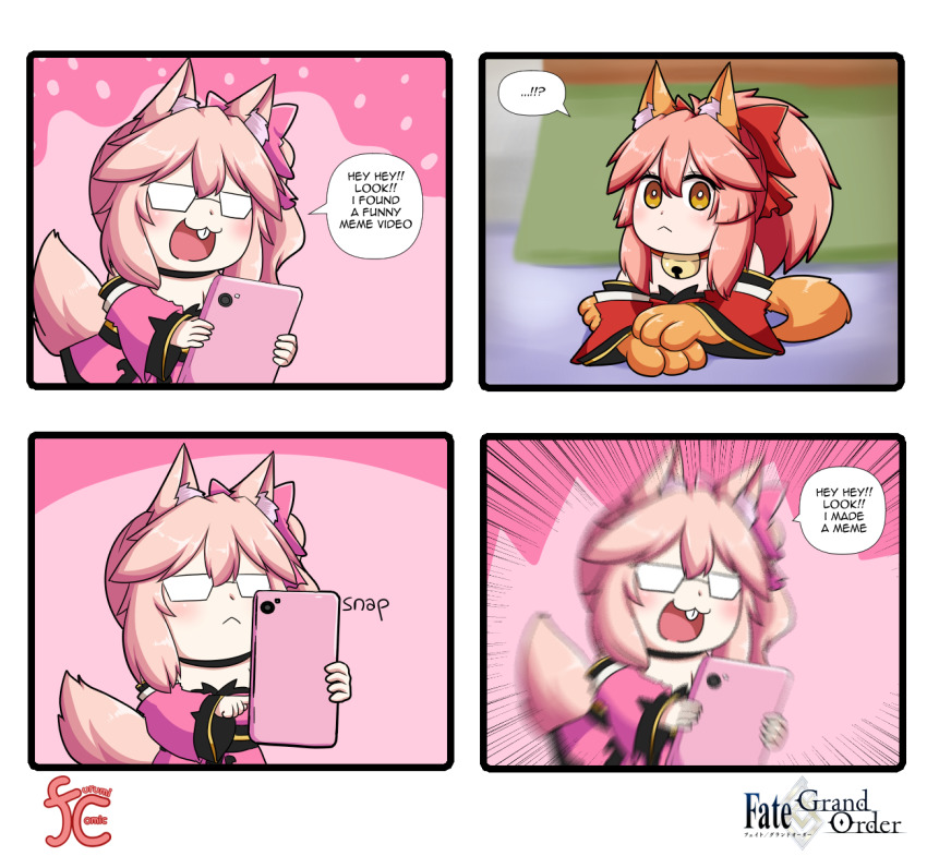 !? 4koma animal_ear_fluff animal_ears animal_hands bare_shoulders bell cat_paws cellphone collar comic detached_sleeves doge english_text fate/grand_order fate_(series) fox_ears fox_girl fox_tail glasses gloves hair_ribbon highres japanese_clothes jingle_bell keita_naruzawa kimono koyanskaya_(fate) meme neck_bell paw_gloves paw_shoes phone pink_hair pink_kimono pink_ribbon ponytail red_kimono red_ribbon ribbon side_ponytail smartphone speech_bubble tail tamamo_(fate) tamamo_cat_(fate) yellow_eyes