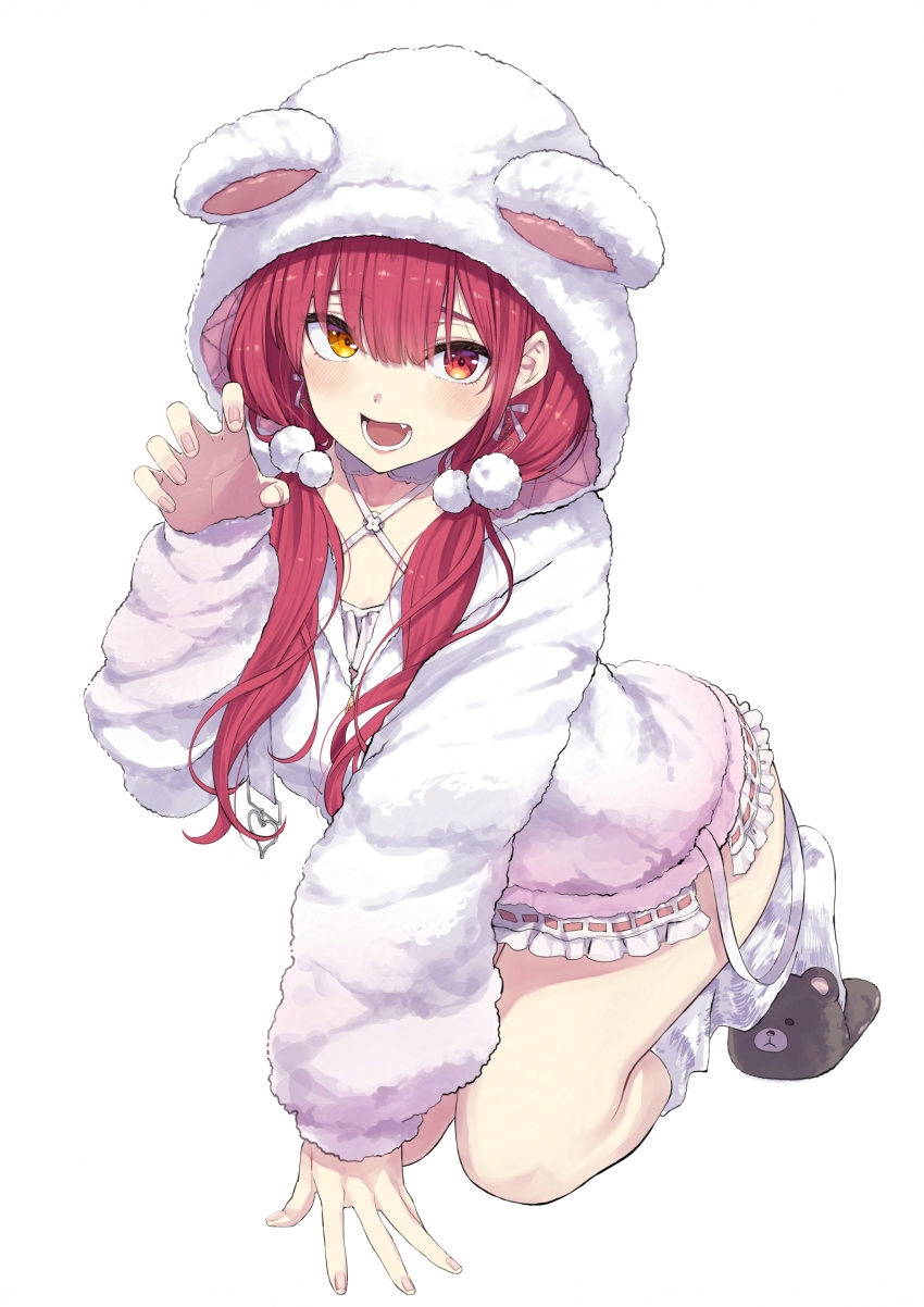 1girl :d absurdres animal_ear_hood animal_hood animal_slippers anno_masato bear_hood bear_slippers blush dress fake_animal_ears fang frilled_dress frills from_above full_body gradient_clothes gradient_jacket hair_between_eyes hair_ornament hair_over_shoulder hand_on_ground heterochromia highres hololive hood hood_up hooded_jacket houshou_marine houshou_marine_(8th_costume) jacket kneeling leg_warmers long_hair long_sleeves looking_at_viewer lower_teeth_only official_alternate_costume open_mouth paw_pose pink_jacket pom_pom_(clothes) pom_pom_hair_ornament puffy_long_sleeves puffy_sleeves raised_eyebrows red_eyes red_hair simple_background sketch slippers smile solo teeth three_quarter_view twintails virtual_youtuber white_background white_dress white_jacket white_leg_warmers yellow_eyes