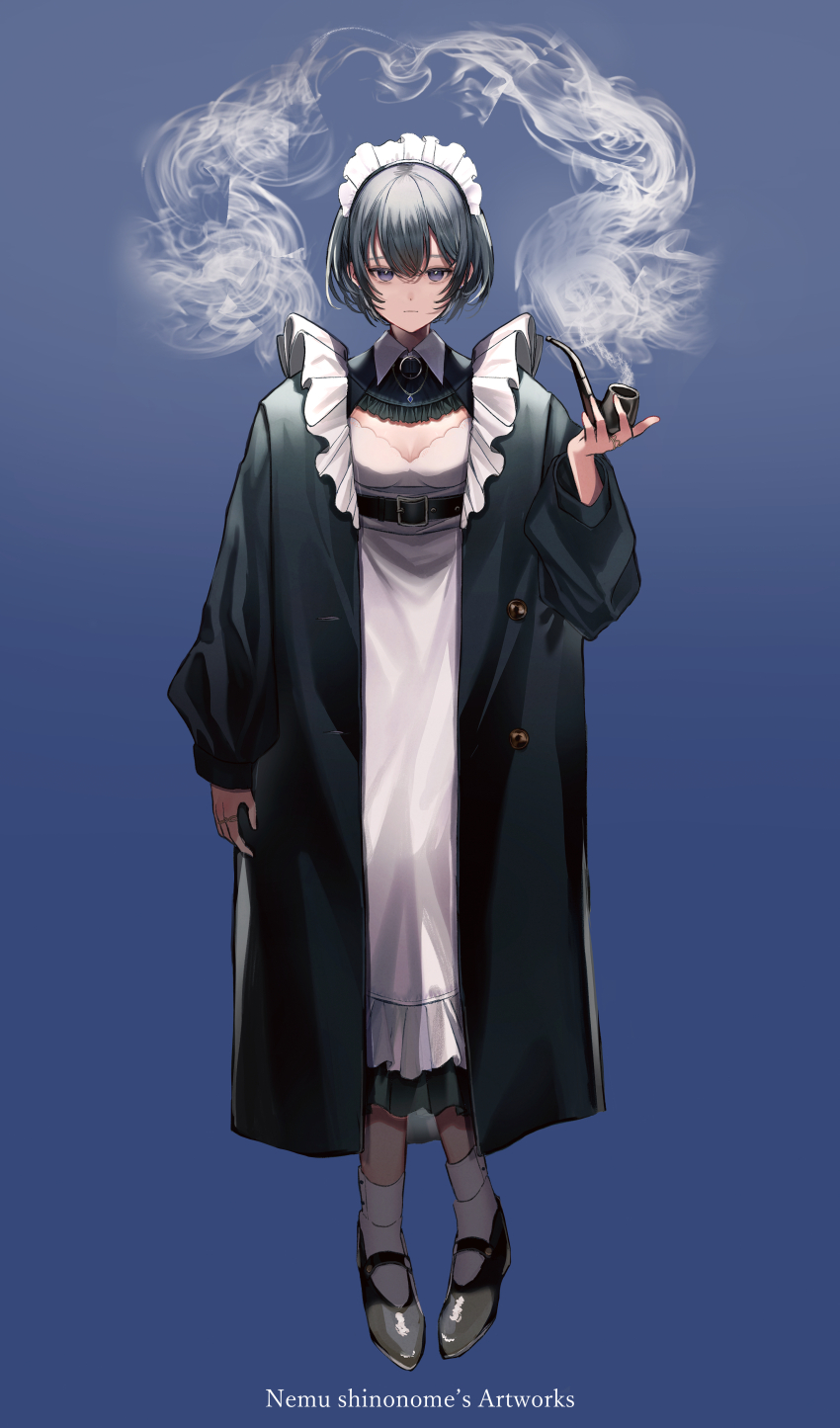 1girl absurdres artist_name blue_background blue_eyes breasts cleavage full_body highres jacket jewelry kneehighs maid maid_headdress necklace open_clothes open_jacket original shinonome_nemu_(nemulog_sn) short_hair smoking_pipe socks