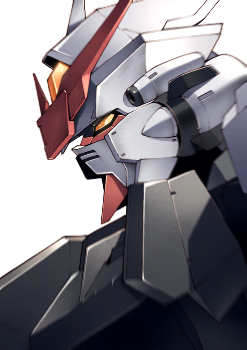 absurdres commentary from_side gundam gundam_seed gundam_seed_freedom highres looking_ahead mecha mecha_focus mobile_suit murasame_(gundam_seed_destiny) murasame_kai_(seed_freedom) no_humans portrait profile robot science_fiction simple_background solo takahashi_masaki v-fin white_background yellow_eyes