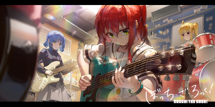 4girls absurdres ahoge bass_guitar black_pantyhose black_shirt blonde_hair blue_hair bocchi_the_rock! brown_eyes chinese_commentary closed_mouth commentary concentrating copyright_name drum drum_set electric_guitar fender_precision_bass from_below gibson_les_paul glint gotoh_hitori green_eyes grey_skirt guitar hair_between_eyes hair_ornament hair_scrunchie hairclip highres holding holding_guitar holding_instrument ijichi_nijika indoors industrial_pipe instrument kita_ikuyo lanyed_(949455243) letterboxed light_particles long_hair long_sleeves mole mole_under_eye multiple_girls music one_side_up orange_eyes pantyhose playing_bass_guitar playing_instrument pleated_skirt red_hair scrunchie shelf shirt short_sleeves side_ponytail skirt solo_focus standing untucked_shirt vent_(object) yamada_ryo yellow_eyes yellow_scrunchie