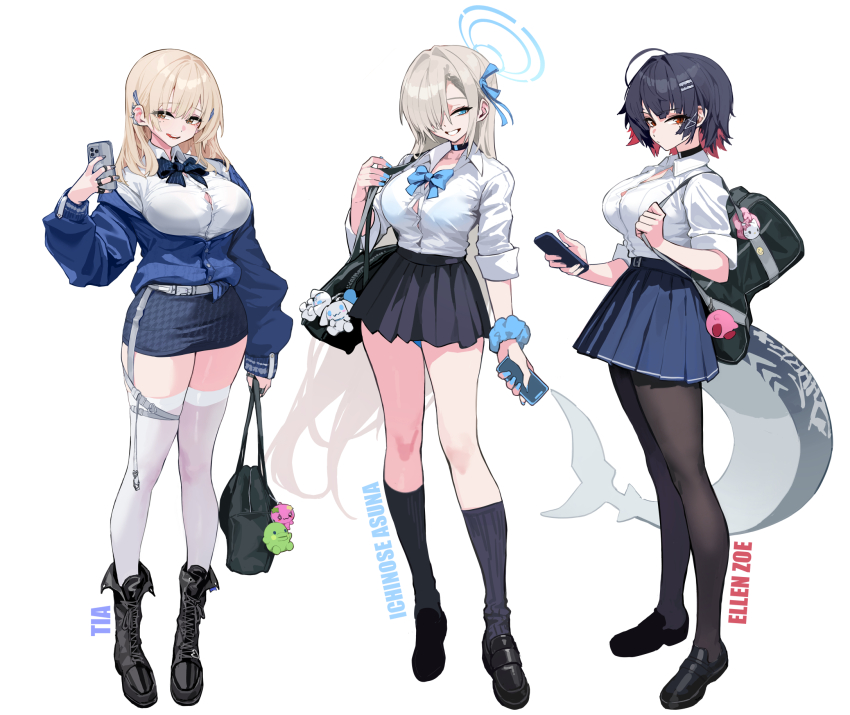 3girls asuna_(blue_archive) asuna_(school_uniform)_(blue_archive) bag black_choker black_hair black_pantyhose black_skirt black_socks blonde_hair blue_archive blue_bow blue_bowtie blue_cardigan blue_eyes blue_ribbon blue_scrunchie blue_skirt bow bowtie breasts brown_hair cardigan character_name chela77 choker claw_ring commentary crossover ear_piercing ellen_joe ellen_joe_(on_campus) english_commentary fins fish_tail full_body goddess_of_victory:_nikke gyaru hair_ornament hair_ribbon highres holding holding_phone jewelry large_breasts long_hair long_sleeves looking_at_viewer multiple_girls multiple_rings open_mouth pantyhose phone piercing pinstripe_pattern pinstripe_skirt puffy_long_sleeves puffy_sleeves red_eyes ribbon ring school_bag scrunchie shark_girl shark_tail shirt shirt_tucked_in simple_background skirt smile socks standing tail tia_(nikke) very_long_hair white_background white_shirt wrist_scrunchie x_hair_ornament zenless_zone_zero