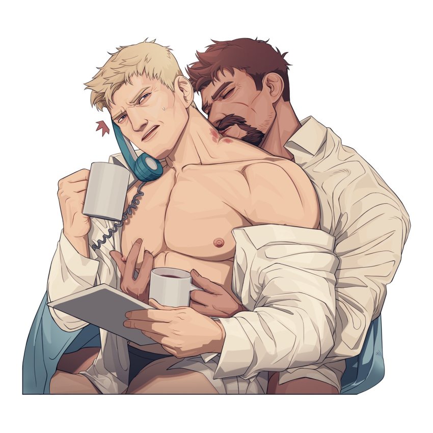 2boys bara beard black_male_underwear blonde_hair briefs brown_hair closed_eyes collared_shirt cradling_phone cup facial_hair grabbing_from_behind highres holding holding_cup kiss kissing_neck large_pectorals looking_at_another male_focus male_underwear multiple_boys muscular muscular_male nez nipples open_clothes open_shirt overwatch overwatch_1 pectoral_grab pectorals phone reaper_(overwatch) shirt short_hair soldier:_76_(overwatch) talking_on_phone underwear white_shirt yaoi