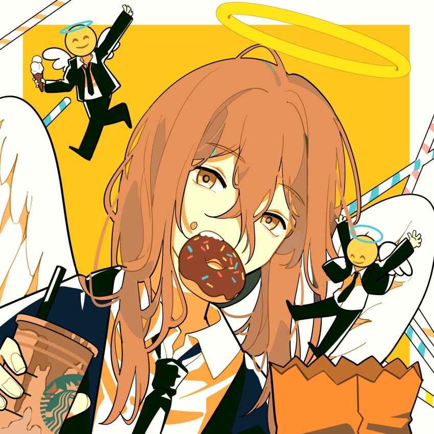 1boy 2others angel angel_devil_(chainsaw_man) angel_wings black_jacket black_necktie brown_hair chainsaw_man chocolate_doughnut collared_shirt doughnut drinking_straw emoji food food_in_mouth formal_clothes hair_between_eyes halo highres holding holding_food holding_ice_cream ice_cream jacket looking_at_viewer medium_hair mini_person miniboy multiple_others necktie null024 shirt starbucks suit suit_jacket traditional_halo white_shirt wings