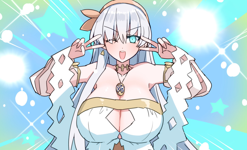 1girl akitokage anastasia_(fate) bare_shoulders blue_eyes blush breasts cleavage collarbone double_v dress emotional_engine_-_full_drive fate/grand_order fate_(series) hair_over_one_eye hairband highres jewelry large_breasts long_hair looking_at_viewer neck_ring necklace one_eye_closed open_mouth pendant smile sparkle v very_long_hair white_dress white_hair