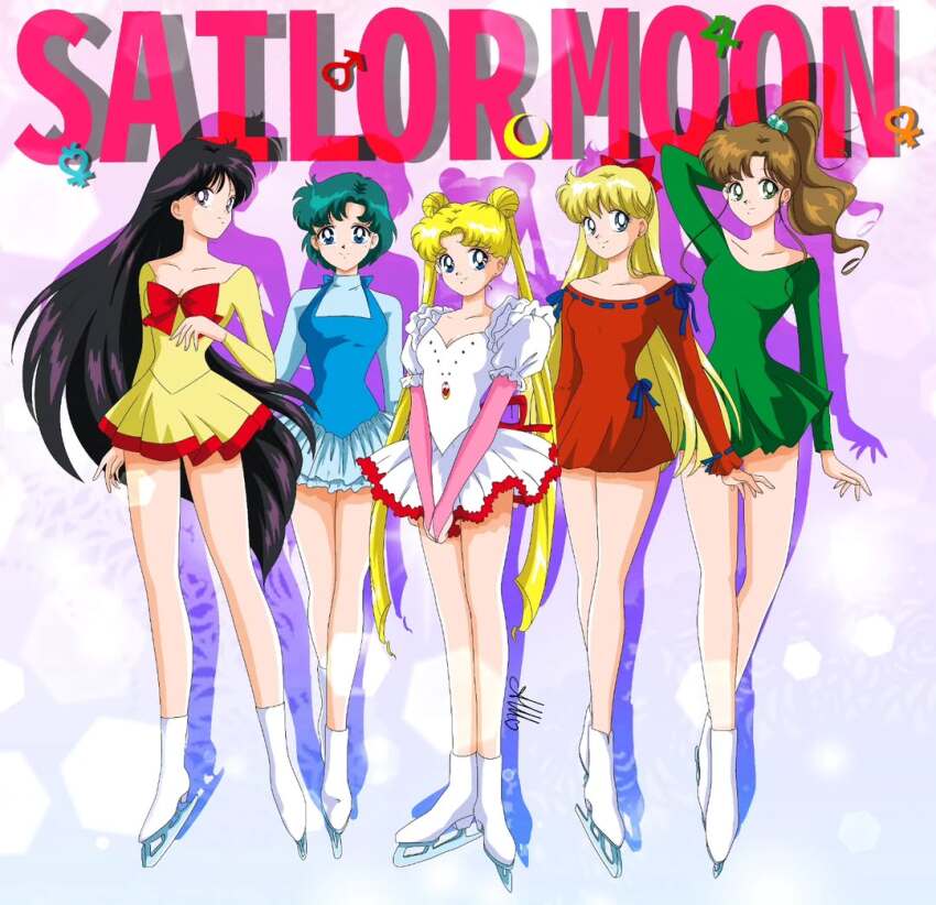 5girls aino_minako anello81 bishoujo_senshi_sailor_moon blonde_hair blue_eyes blue_hair breasts brown_hair dress green_eyes hino_rei kino_makoto long_hair mizuno_ami multiple_girls short_dress short_hair tsukino_usagi very_long_hair