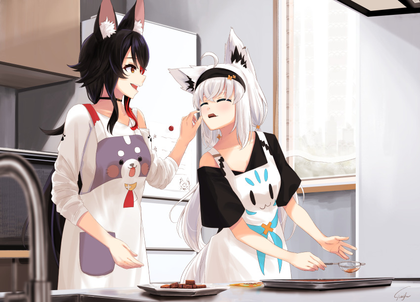 2girls :d absurdres ahoge animal_ear_fluff animal_ears animal_print apron asymmetrical_shirt baking_sheet black_hair black_hairband black_shirt chocolate closed_eyes commentary_request cooking curtains earrings eating feeding flipped_hair fox_ears fox_girl fox_tail gurifu hair_between_eyes hairband highres holding hololive jewelry kitchen long_hair long_sleeves looking_at_another low_twintails magnet miofa_(ookami_mio) multicolored_hair multiple_girls note ookami_mio ookami_mio_(casual) open_mouth oven paw_print plate red_hair refrigerator refrigerator_magnet shirakami_fubuki shirakami_fubuki_(loungewear) shirt short_sleeves sidelocks signature single_bare_shoulder single_earring sink sleeves_rolled_up smile spiked_hair sukonbu_(shirakami_fubuki) table tail twintails valentine very_long_hair virtual_youtuber white_apron white_shirt window wolf_ears wolf_girl yellow_eyes