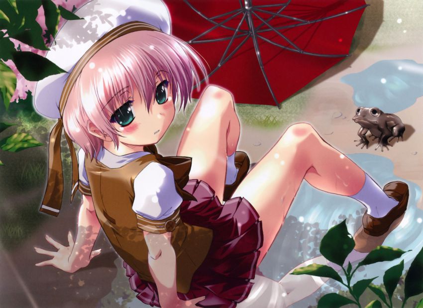 1girl absurdres arm_support blush female_focus frog from_behind green_eyes hat highres komatsu_eiji legs long_legs looking_back magi-cu pink_hair puddle scan school_uniform short_hair sitting skirt socks solo umbrella water wet