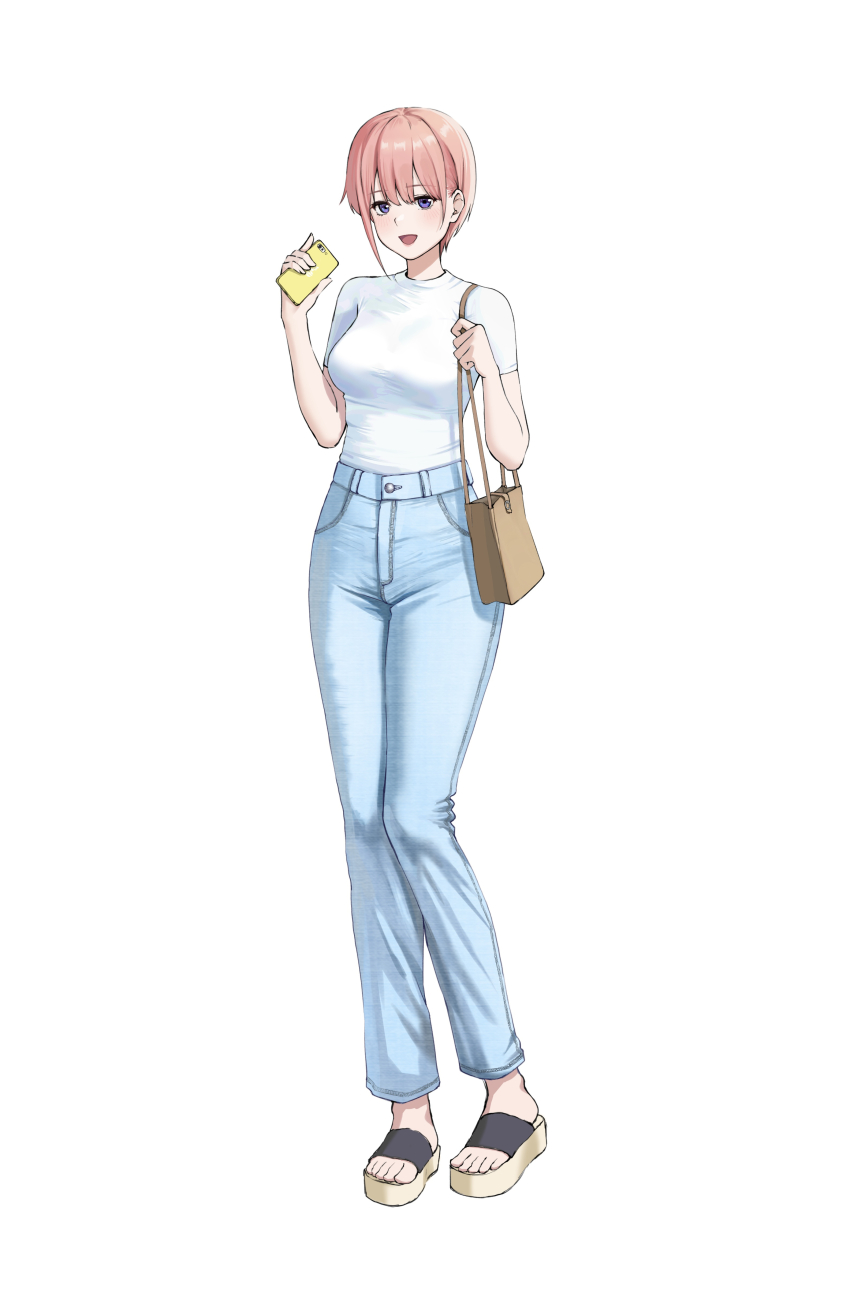 1girl absurdres alternate_costume bag blue_eyes cellphone denim go-toubun_no_hanayome high-waist_pants highres holding holding_phone jeans looking_at_viewer nakano_ichika open_mouth pants phone pink_hair platform_footwear ricky_(haye4843) sandals shirt short_hair short_sleeves shoulder_bag simple_background smartphone solo standing t-shirt toes white_shirt