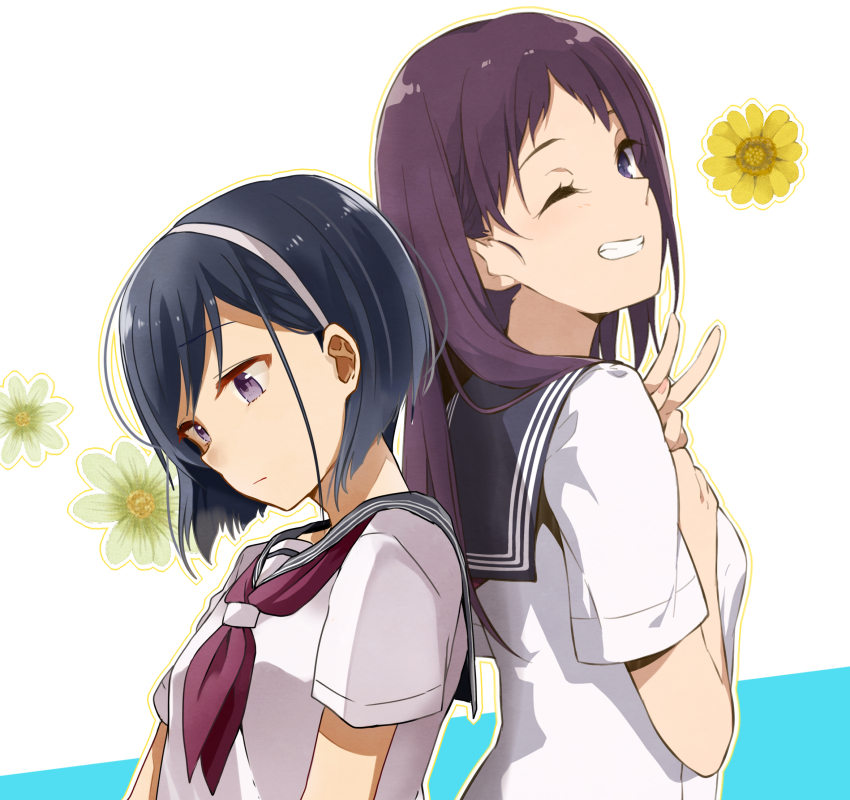 2girls ;d back-to-back bad_id bad_pixiv_id blue_hair flower haine hairband highres multiple_girls one_eye_closed open_mouth original purple_hair school_uniform serafuku short_hair smile v