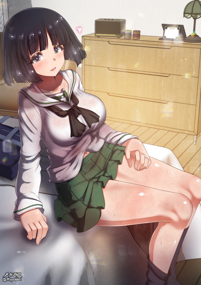 1girl bed black_hair blush breasts brown_eyes covered_erect_nipples girls_und_panzer gotou_moyoko highres indoors large_breasts looking_at_viewer megadeko navel on_bed ooarai_school_uniform open_mouth school_uniform short_hair smile solo