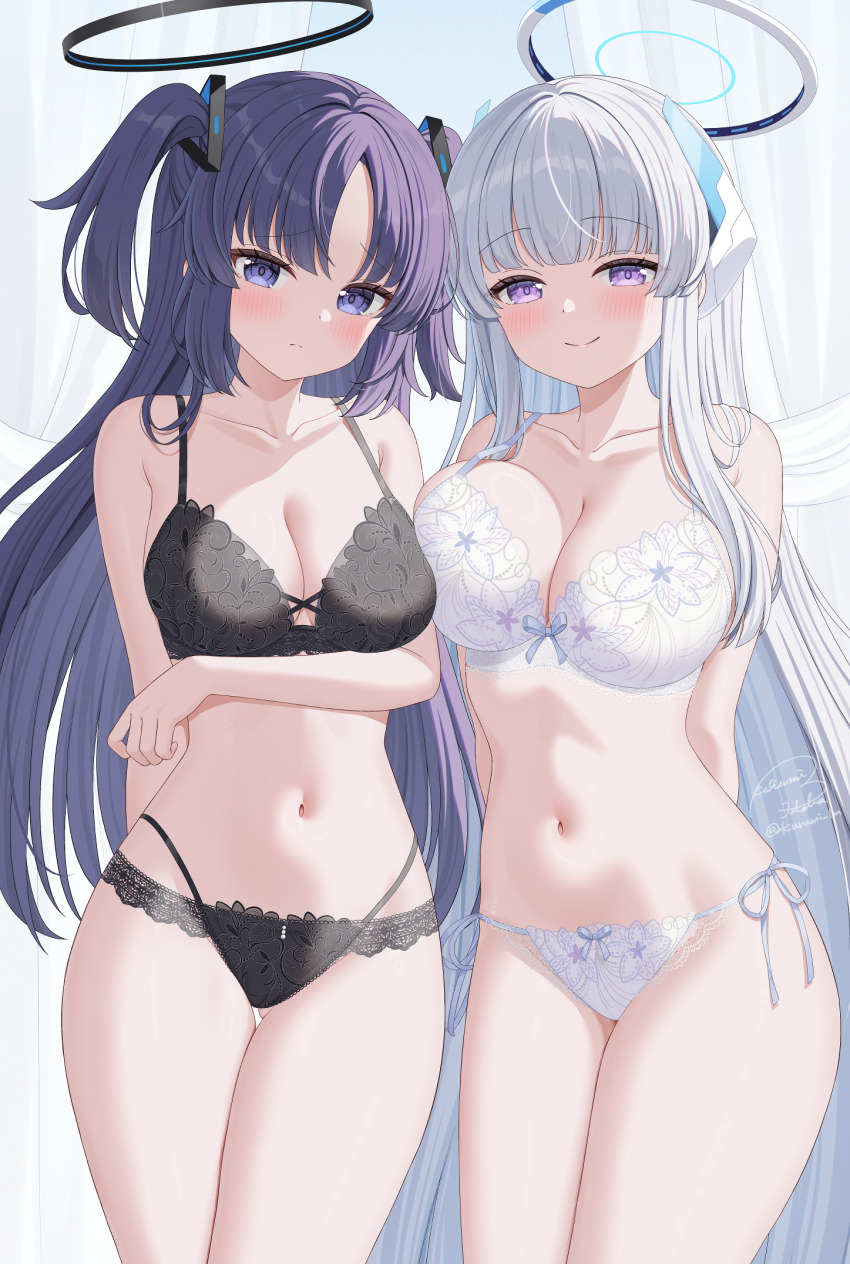 2girls black_bra black_halo black_panties blue_archive blue_eyes blue_hair blush bow bow_bra bow_panties bra breasts cleavage closed_eyes commentary_request gluteal_fold halo headgear highres kurumi_lm large_breasts long_hair looking_at_viewer matching_underwear multi-strapped_panties multiple_girls navel noa_(blue_archive) panties purple_eyes side-tie_panties signature smile stomach thighs underwear underwear_only very_long_hair white_bra white_hair white_halo white_panties yuuka_(blue_archive)