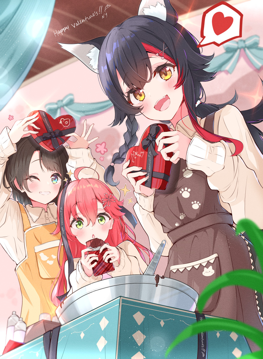 3girls :o absurdres ahoge alternate_costume animal_ears apron aqua_eyes baking black_hair blush box box_of_chocolates braid brown_hair candy chocolate chocolate_heart chocolate_making collared_shirt food green_eyes grin happy_valentine heart heart-shaped_food highres holding holding_chocolate holding_food hololive long_hair long_sleeves looking_at_viewer multicolored_hair multiple_girls nishiki_yuno one_eye_closed ookami_mio oozora_subaru open_mouth paw_print paw_print_pattern pink_hair red_hair sakura_miko shirt short_hair smile spoken_heart streaked_hair tail tongue triangle_mouth valentine virtual_youtuber wolf_ears wolf_girl wolf_tail yellow_eyes