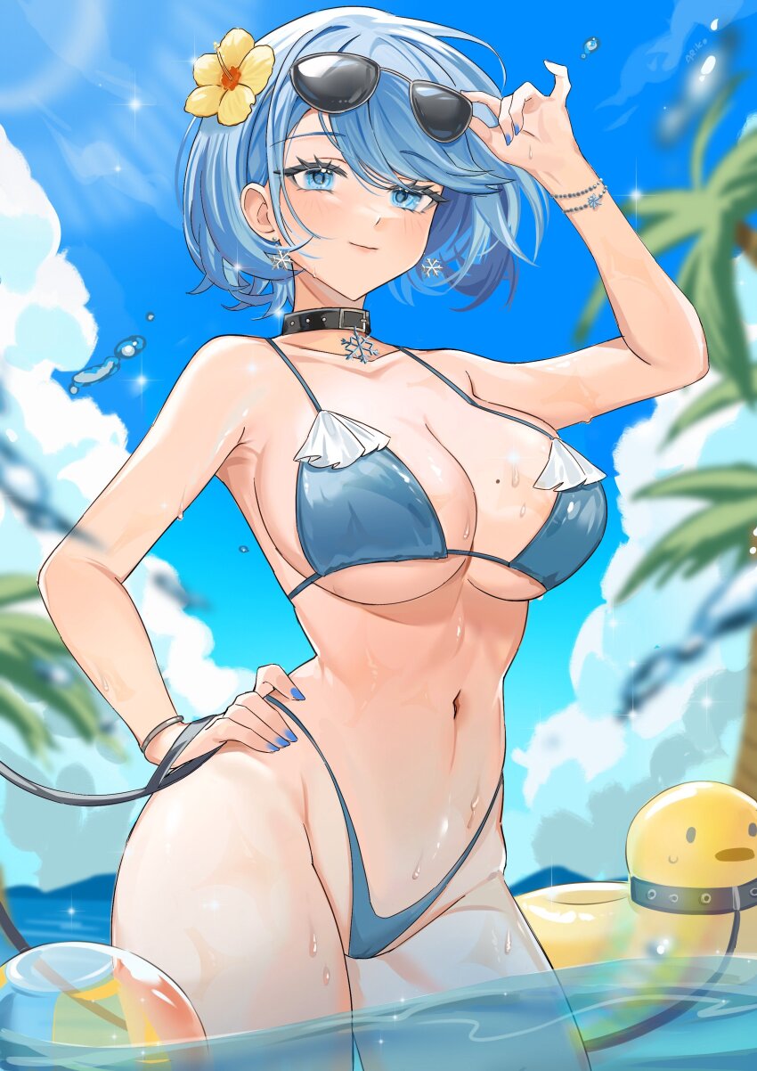 1girl absurdres alternate_costume ariko_(aaaaarik) armpits azur_lane bikini black_collar blue_bikini blue_eyes blue_hair blue_nails blue_sky breasts cameltoe chapayev_(azur_lane) cleavage closed_mouth collar commentary earrings english_commentary eyewear_on_head groin hand_up highleg highleg_bikini highres jewelry large_breasts mole mole_on_breast navel non-web_source outdoors palm_leaf palm_tree short_hair sky snowflake_earrings solo stomach sunglasses swept_bangs swimsuit tree wading water wet