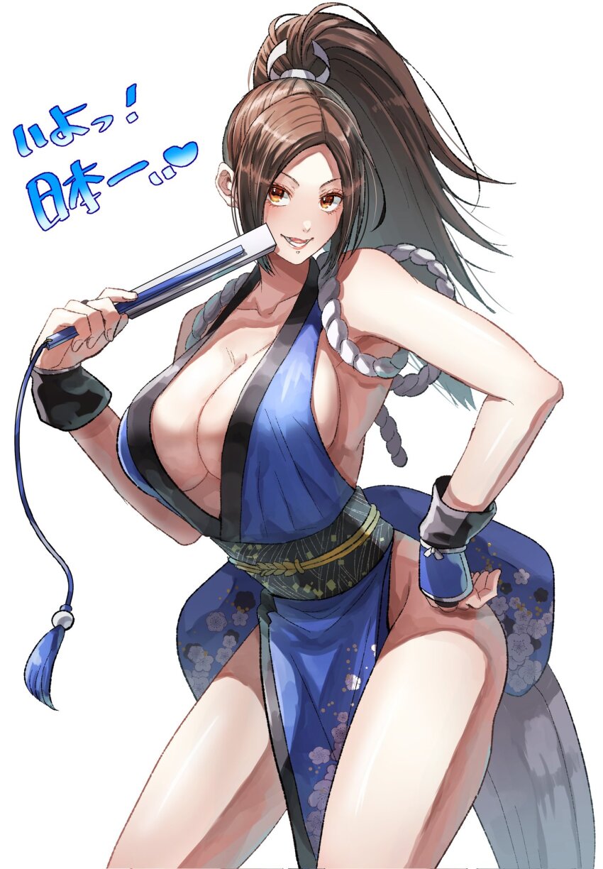 1girl breasts brown_eyes brown_hair cleavage fatal_fury hand_fan hand_on_own_hip highres japanese_clothes large_breasts leaning_forward legs long_hair looking_at_viewer pelvic_curtain ponytail shiranui_mai smile snk solo the_king_of_fighters thighs