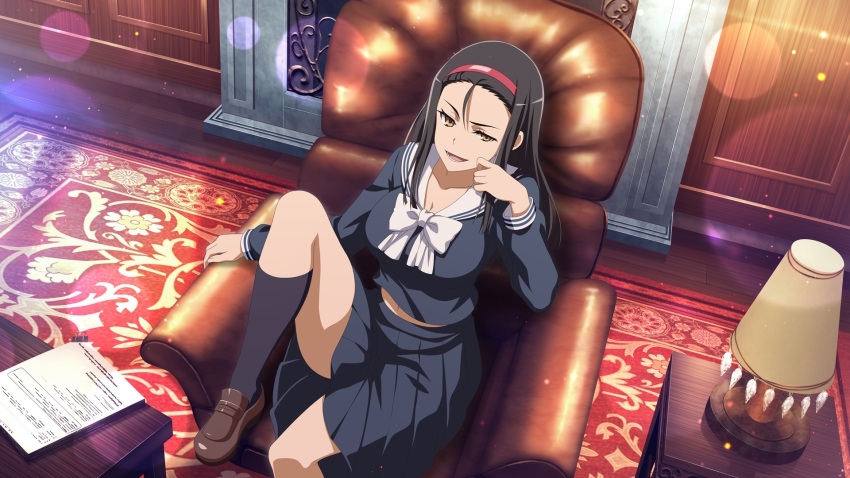 1girl black_hair breasts chair cleavage dress headband highres kumokawa_seria large_breasts loafers long_hair midriff_peek sailor_dress shoes sitting smirk socks thighs toaru_majutsu_no_index yellow_eyes