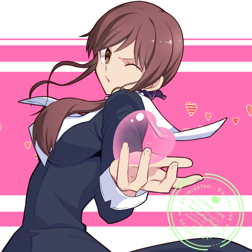 1girl black_dress brown_eyes brown_hair cowboy_shot dress heart highres hirakawa long_hair noel_(tsukihime) nun one_eye_closed pink_background simple_background solo tsukihime tsukihime_(remake) watermark