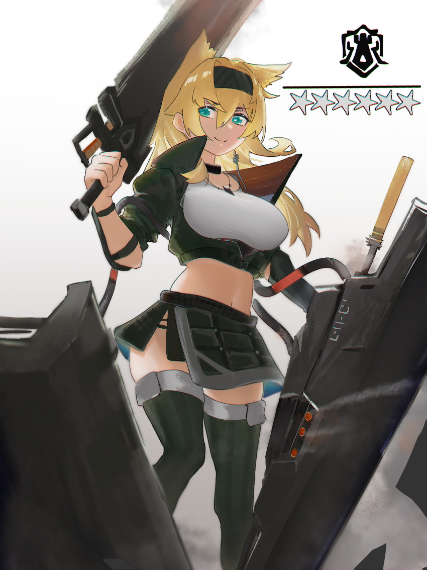 1girl animal_ears aqua_eyes arknights black_choker black_footwear black_hairband black_jacket black_skirt blonde_hair boots breasts choker crop_top cropped_jacket feet_out_of_frame gangdan_r hair_between_eyes hairband highres holding holding_weapon horn_(arknights) jacket large_breasts long_hair looking_at_viewer midriff miniskirt navel shirt skirt solo standing star_(symbol) stomach thigh_boots thighhighs weapon white_background white_shirt wolf_ears