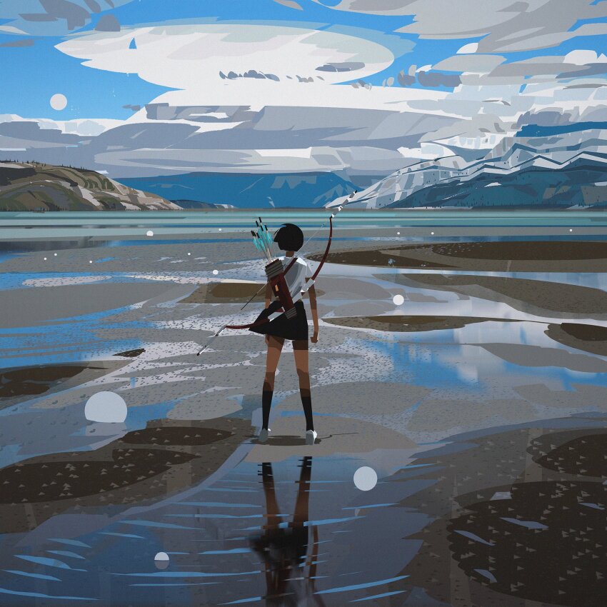 1girl arms_at_sides arrow_(projectile) black_hair black_skirt blue_sky bow_(weapon) clenched_hand cloud commentary english_commentary from_behind highres kneehighs lake landscape mountainous_horizon mud original outdoors quiver reflection reflective_water shirt short_hair skirt sky snow socks thighs weapon weapon_on_back wet_ground white_footwear white_shirt wide_shot yun_ling