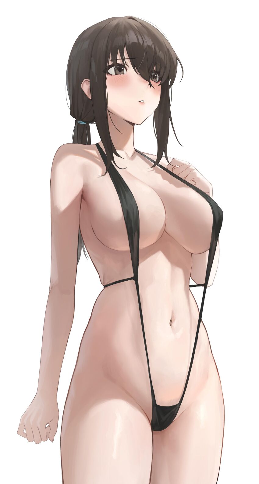 1girl absurdres black_eyes black_hair black_slingshot_swimsuit blush breasts collarbone covered_erect_nipples cowboy_shot hair_between_eyes hand_on_own_chest hand_up highres large_breasts long_hair low_ponytail navel original parted_lips ponytail sidelocks simple_background slingshot_swimsuit so_shio solo standing stomach swimsuit white_background