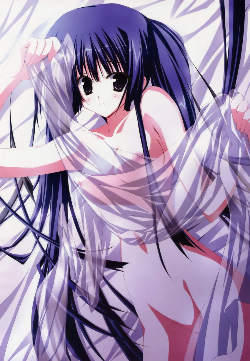 00s 1girl absurdres bed blue_hair breasts female_focus h2o_footprints_in_the_sand highres kohinata_hayami long_hair motoyon nipples non-web_source nude purple_eyes see-through_clothes small_breasts solo very_long_hair