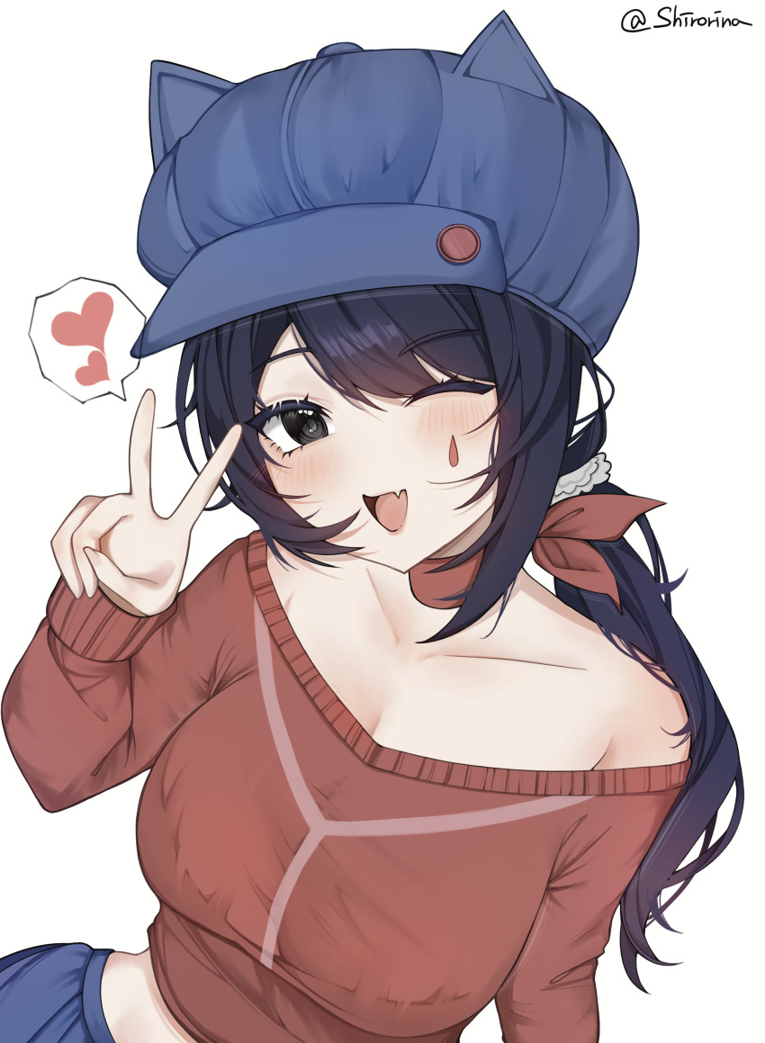 1girl ;d absurdres bare_shoulders black_eyes black_hair blue_hat blue_skirt breasts collarbone commentary cool_mita_(miside) crop_top fang hat heart highres light_blush long_hair long_sleeves looking_at_viewer medium_breasts midriff miside mita_(miside) off-shoulder_shirt off_shoulder one_eye_closed open_mouth red_shirt shirt simple_background skin_fang skirt smile solo spoken_heart teardrop_facial_mark twitter_username upper_body v white_background yuimiyazaki