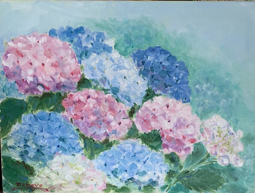 aqua_flower blue_background blue_flower flower flower_focus highres leaf momo7rosemary no_humans original painting_(medium) pink_flower plant plant_focus signature traditional_media white_flower