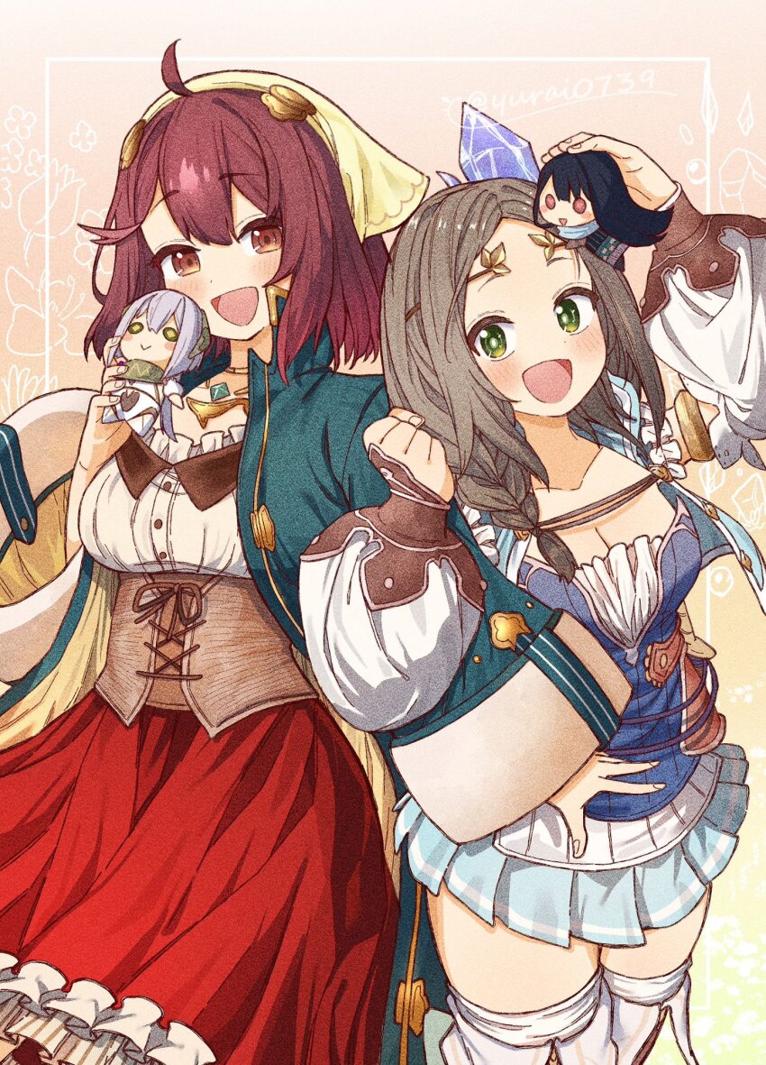 2girls :d atelier_(series) atelier_firis atelier_sophie blue_shirt braid breasts brown_hair cleavage coat collared_coat corset cross-laced_clothes crystal_hair_ornament doll firis_mistlud green_coat green_eyes headscarf highres holding holding_doll jewelry liane_mistlud long_coat multiple_girls necklace open_mouth plachta red_hair red_skirt shirt skirt smile sophie_neuenmuller thighhighs underbust yurai0739