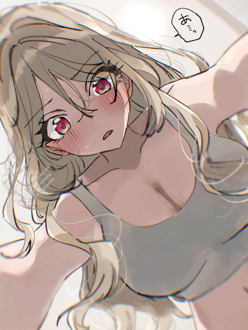 1girl :o blonde_hair blush breasts cleavage collarbone commentary_request dutch_angle grey_sports_bra highres kuremoto_aru large_breasts looking_at_viewer navel original paddy_field red_eyes solo speech_bubble sports_bra translation_request upper_body watermark yukadon