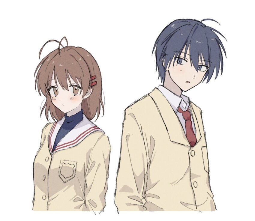 1boy 1girl :/ antenna_hair arm_at_side back-to-back blazer blue_eyes blue_hair blue_shirt blush brown_eyes brown_hair clannad closed_mouth collared_shirt commentary_request eyes_visible_through_hair frown furukawa_nagisa hair_between_eyes hair_ornament hairclip hashtag-only_commentary highres hikarizaka_private_high_school_uniform jacket long_sleeves looking_at_viewer medium_hair necktie nyan_o2 okazaki_tomoya open_mouth red_necktie sailor_collar school_uniform serafuku shirt short_hair simple_background spiked_hair tsurime turtleneck upper_body white_background white_sailor_collar white_shirt yellow_jacket