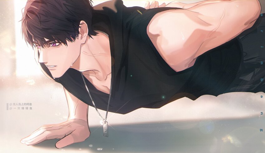 1boy black_hair black_hoodie caleb_(love_and_deepspace) collarbone dog_tags exercising hood hoodie love_and_deepspace purple_eyes push-ups short_hair sleeveless sleeveless_hoodie sweat upper_body veiny_neck wuren_daoshang_dekezong