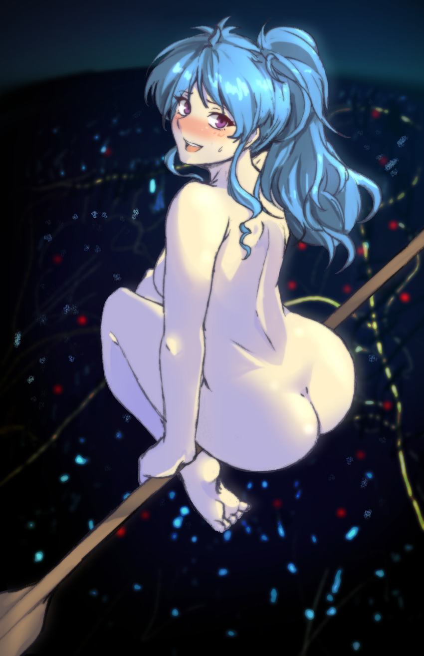 1girl absurdres ass blue_hair blurry blurry_background blush botan_(yu_yu_hakusho) breasts cityscape completely_nude depth_of_field female_focus flying highres huge_filesize long_hair looking_at_viewer night night_sky nude oar open_mouth ponytail purple_eyes sitting sky solo tridisart yuu_yuu_hakusho