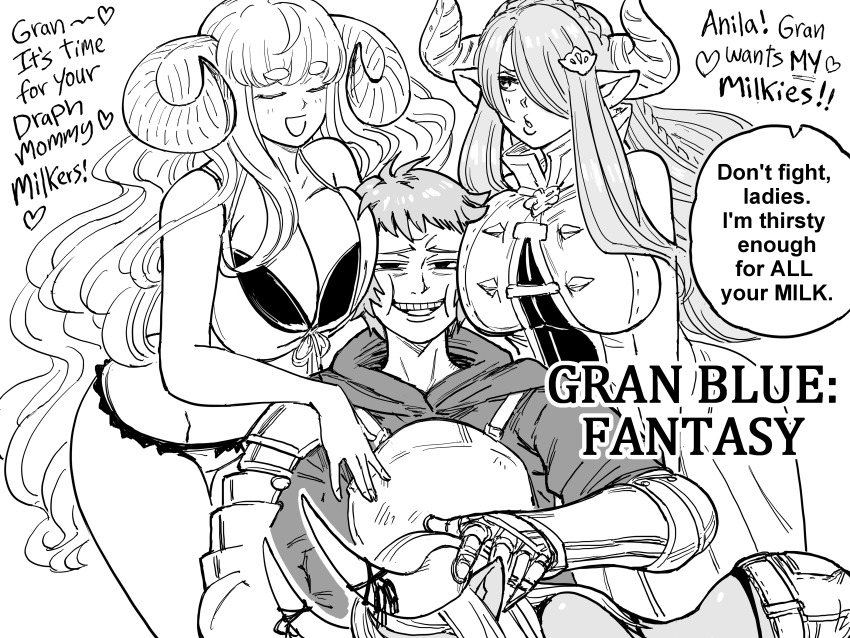 1boy 3girls absurdres anila_(granblue_fantasy) armor bb_(baalbuddy) between_breasts breast_press breast_smother breastplate breasts cleavage commentary cooperative_breast_smother copyright_name dark-skinned_female dark_skin draph english_commentary english_text face_to_breasts fellatio gauntlets girl_sandwich gran_(granblue_fantasy) granblue_fantasy greyscale group_sex happy harem head_between_breasts highres hood huge_breasts implied_fellatio kumbhira_(granblue_fantasy) long_hair monochrome multiple_girls narmaya_(granblue_fantasy) oral orgy out-of-frame_censoring sandwiched single_gauntlet speech_bubble