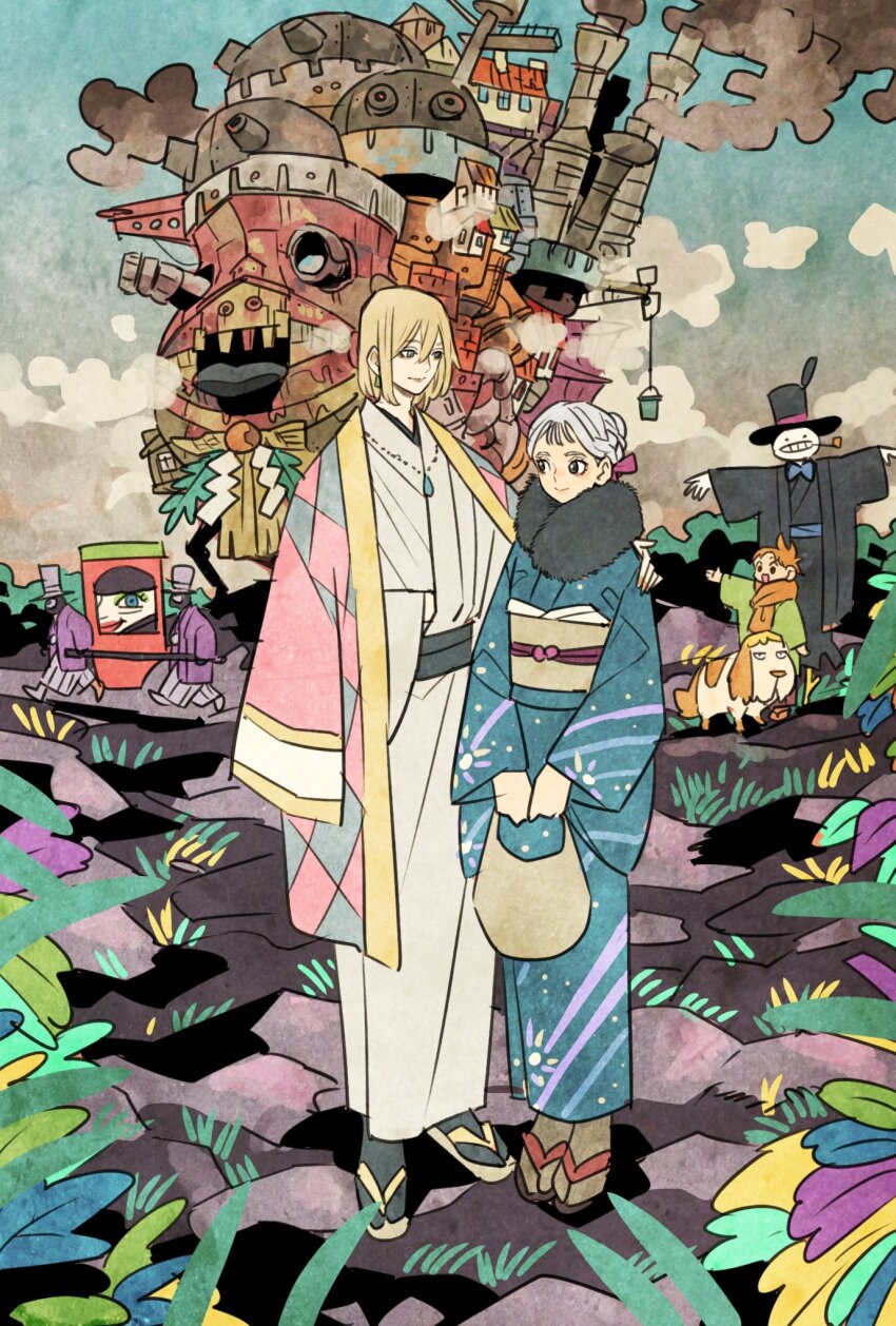 2boys 2girls bag blob_men blonde_hair blue_eyes blue_kimono castle child commentary dog earrings eye_contact full_body fur-trimmed_kimono fur_trim hair_bun hand_on_another&#039;s_shoulder haori hat heen highres holding holding_bag howl_(howl_no_ugoku_shiro) howl_no_ugoku_shiro japanese_clothes jewelry kakashi_no_kabu kimono looking_at_another markl medium_hair multiple_boys multiple_girls necklace obi orange_scarf sash scarecrow scarf short_hair smile smoke smoking_pipe socks sophie_(howl_no_ugoku_shiro) takeuchi_ryousuke white_hair witch witch_of_the_waste