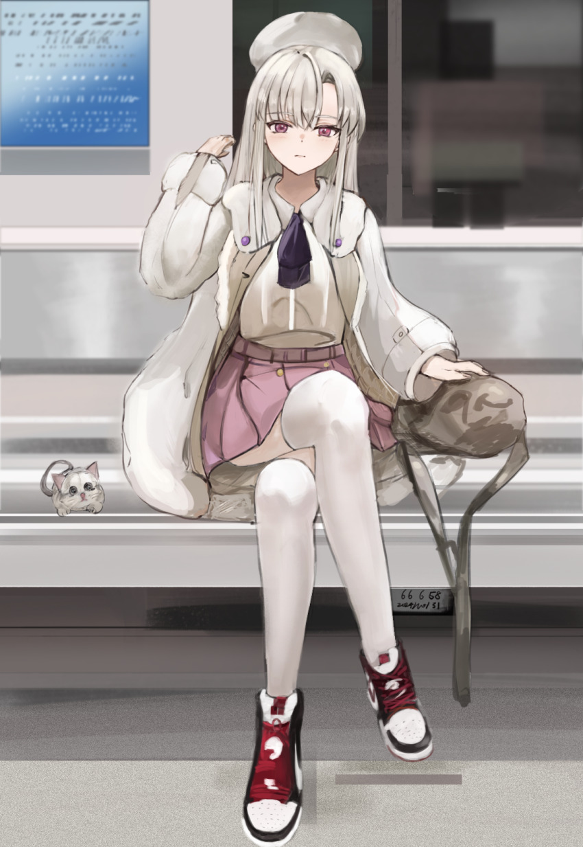 1girl bag breasts chinchilla_(animal) closed_mouth coat crossed_legs eyebrows_hidden_by_hair full_body fur-trimmed_coat fur_hat fur_trim hair_between_eyes handbag hat highres light_blush lips long_hair looking_at_viewer machina_solege maou_2099 pink_skirt red_eyes shoes sitting skirt small_breasts sneakers solo sweater thighhighs train_interior very_long_hair white_coat white_hair white_sweater white_thighhighs yu_xiao_(user_mwct3843)