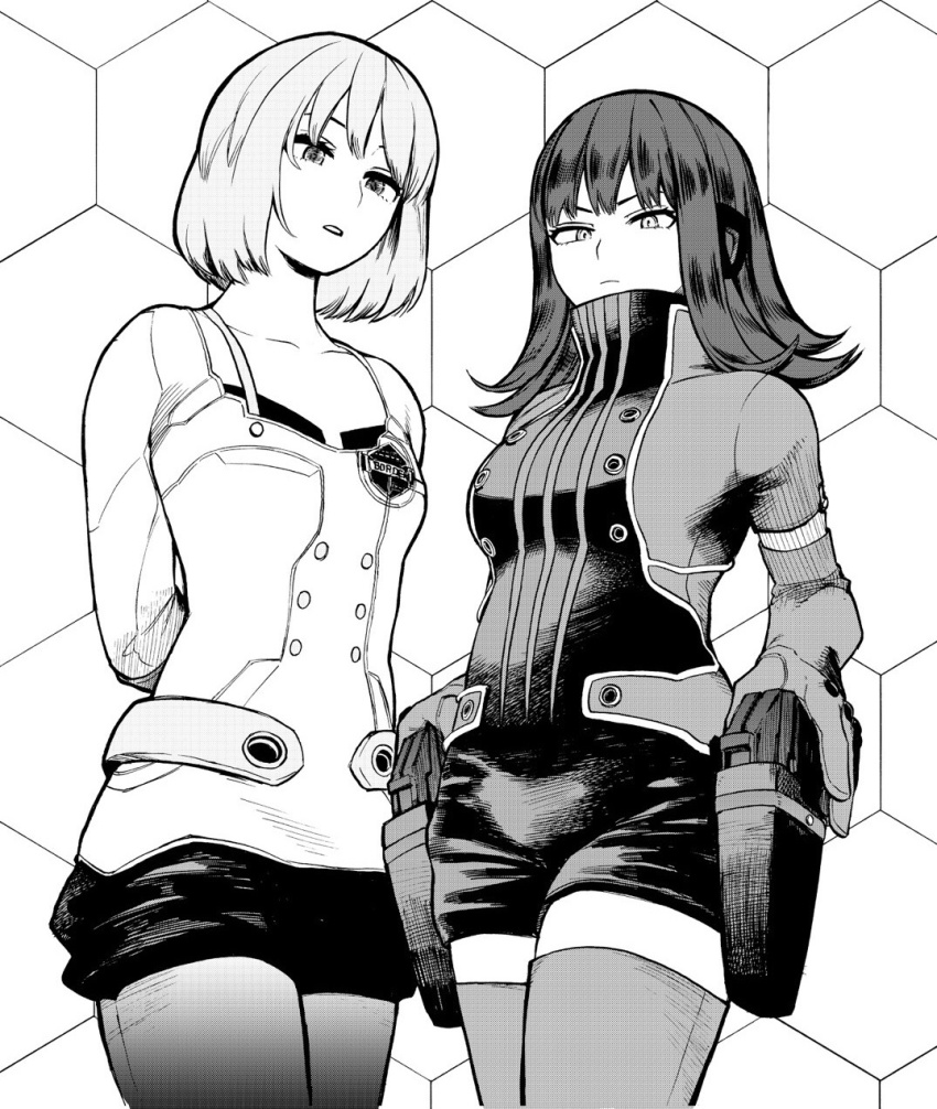 2girls arms_behind_back black_hair collarbone eyebrows eyelashes gun hair_between_eyes highres holster holstered horikoshi_kouhei katori_youko looking_at_viewer medium_hair multiple_girls nasu_rei short_hair shorts standing thighhighs weapon white_background world_trigger